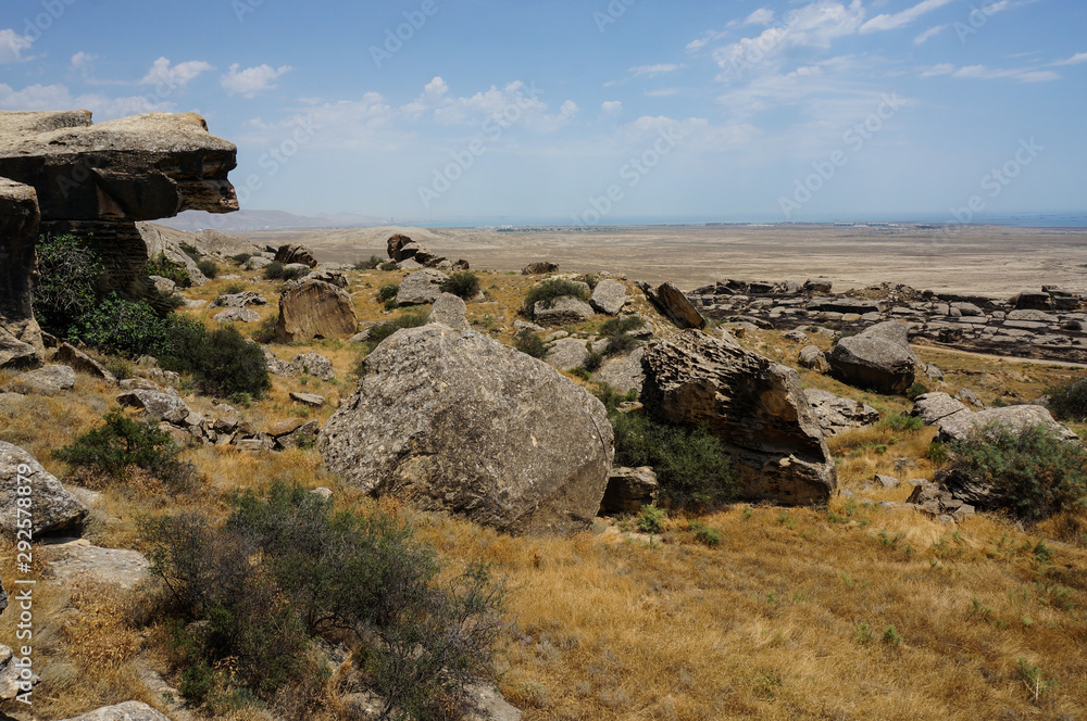 boulders in the desert landscape of Gobustan national Park in Azerbaijan