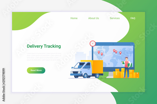 Tracking delivery service Flat vector illustration. Delivery Van Car with Packages and worker near Monitor with Map.