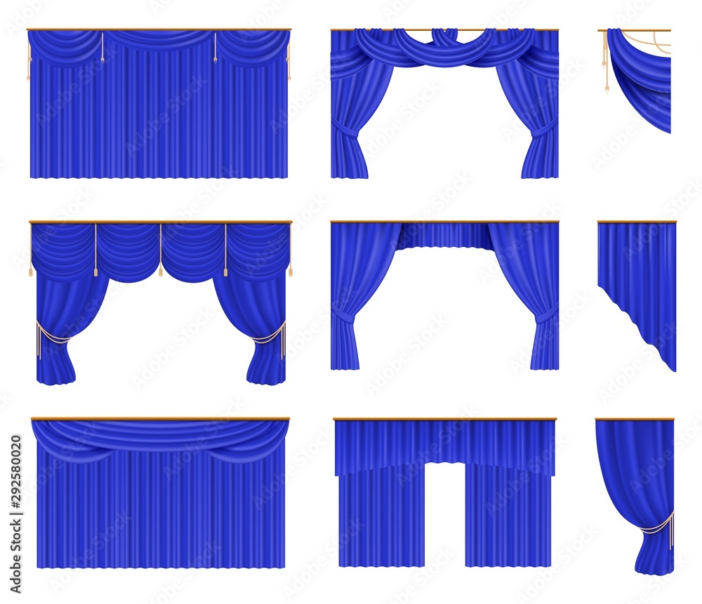 Blue curtains set. Realistic cinema and theater stage borders with  curtaining. Vector illustration silk elegant drapery set design Stock  Vector | Adobe Stock