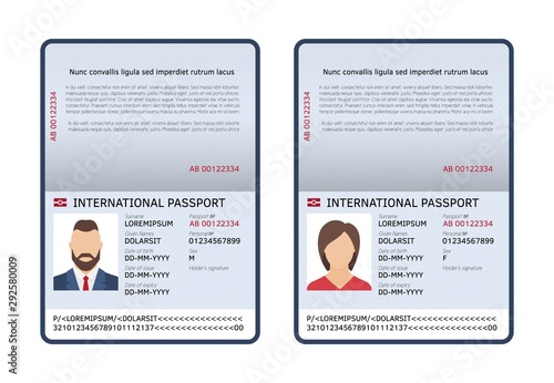 Open international passports. Id blank male and female document photo page. Vector travel and immigration template document for personalize citizenship photo