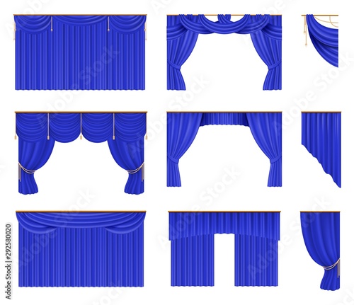 Blue curtains set. Realistic cinema and theater stage borders with curtaining. Vector illustration silk elegant drapery set design