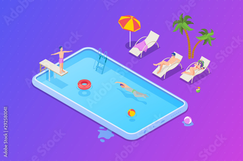 Swimming Pool as Smartphone Mobile Phone funny Entertainment concept Isometric Flat vector illustration.