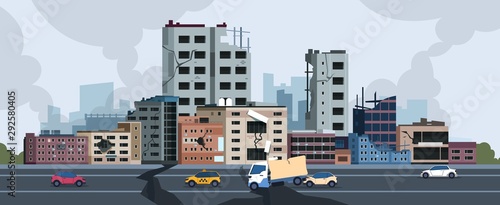 City earthquake. Cartoon natural disaster landscape with cracks and damages on buildings and ground. Vector city destruction after quake or disaster. Illustration concept insurance construction