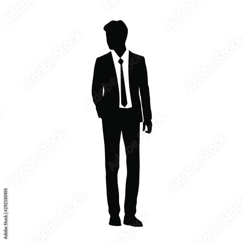 Vector silhouette of a man in a business suit standing, black color isolated on white background