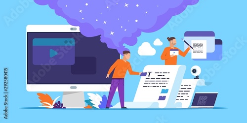 Copywriting. Blog content making with cartoon people characters, freelance web article writer concept. Vector isometric illustrations online media journalist designing business concepts