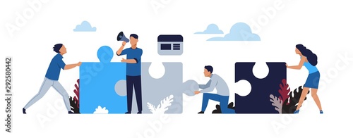 Business puzzle concept. Cartoon businessman partnership and collaboration, teamwork and success metaphor. Vector illustration design work team like symbols develop partnership