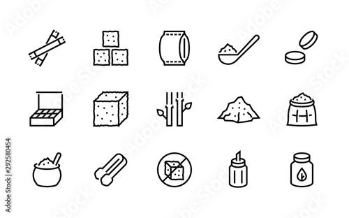 Sugar line icon. Sweeteners products, sugar cane cube bag and packages, stevia and cane organic sugar pictograms. Vector design outline healthy food set