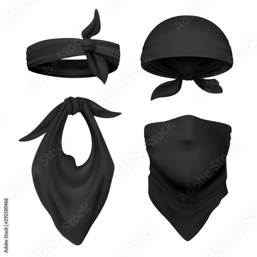 Realistic black bandana. Face buff and handkerchief isolated on white, face scarf and face bandage template. Vector illustration head cover or neck scarves set for tourists gangster traveller
