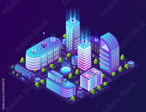 Isometric smart city. Futuristic 3D buildings in neon town, modern megapolis district in gradient colors. Vector illustrations architecture color technology thematic background