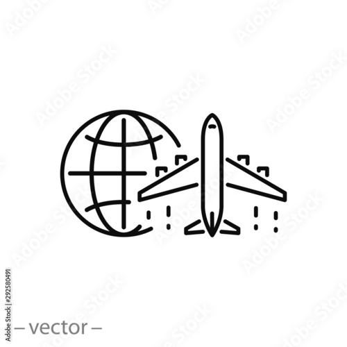 travel on plane throughout world icon, international flights, flight airplane around globe, thin line symbol on white background - editable stroke vector illustration eps 10