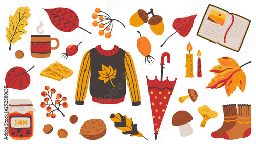 Autumn set. Cozy hand drawn decorative elements for poster greeting cards and invitations with knitting sweater tea candles book and jam. Vector set bright cozy seasons objects like nuts berries