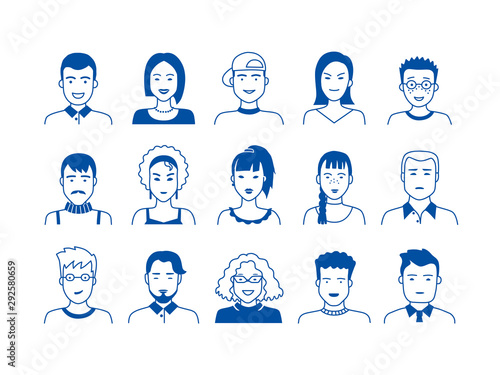 Avatar line icons. Hand drawn people cartoon faces, cute boys and girls teen persons, modern vector male and female avatars. Flat illustration funny outline man for individual image design