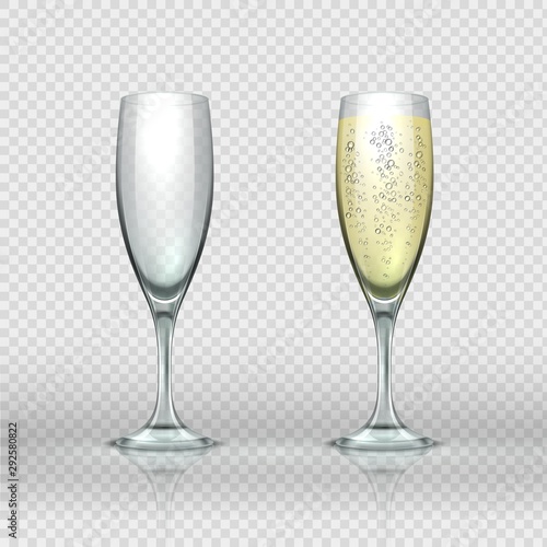 Realistic champagne glass. Empty and full transparent champagne wine glasses. Vector isolated realistic two 3D illustrations luxury clear cup sparkling wine with bubbles for love toasts
