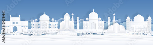 Paper cut India. Landscape travel banner template with Taj Mahal and famous Indian landmarks. Vector paper church city panorama, symbols world arts and architecture monument