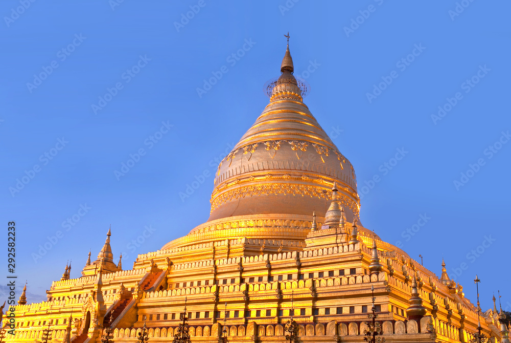 Golden Shwezigon Pagoda at sunrise in Bagan, Mandalay Division, Myanmar