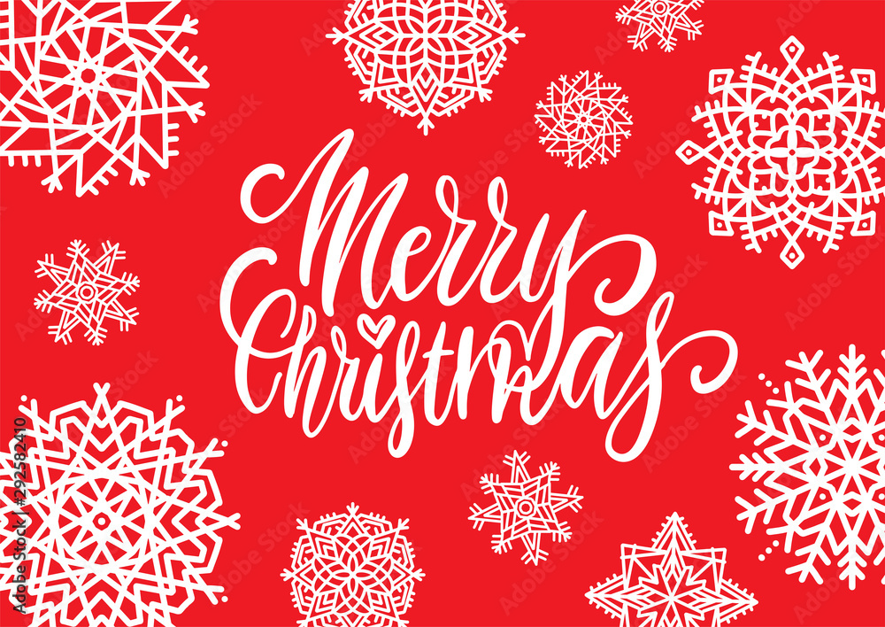 Merry Christmas. Handwritten elegant modern brush lettering with hand drawn decoration on red snowflake background. Flat Vector illustration. Merry Christmas. Handwritten elegant modern brush lettering with hand drawn decoration on red snowflake background. Flat Vector illustration.