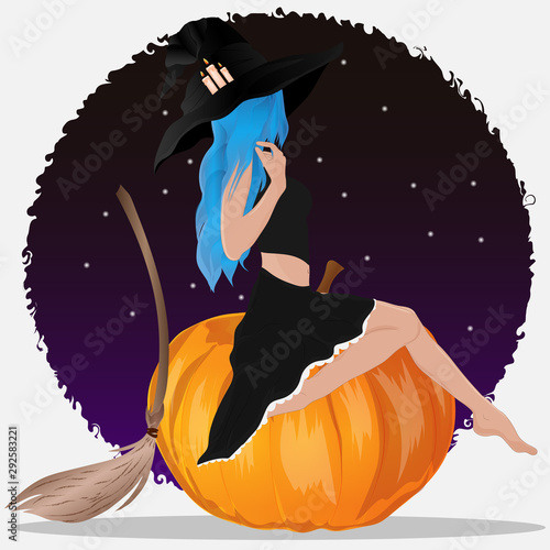 Witch sits on a pumpkin. Halloween. Vector art