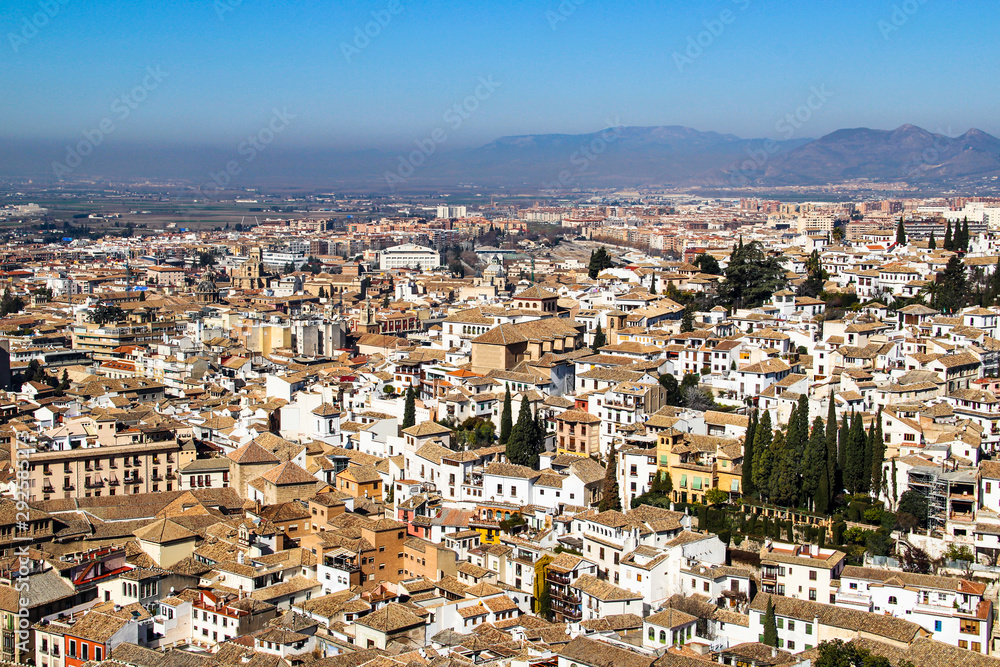Granada city center from aerial perspective in Andalusia, Spain