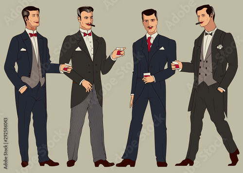Set of four gentlemen in suits of the early 20th century.