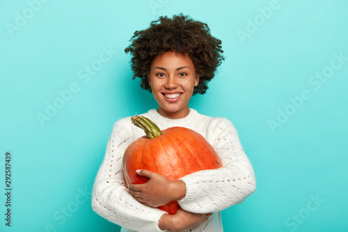Autumn harvesting, food and Halloween holiday concept. Cheerful curly African American woman embraces ripe pumpkin, smiles pleasantly, dressed in white sweater. Girl with thanksgiving symbol.