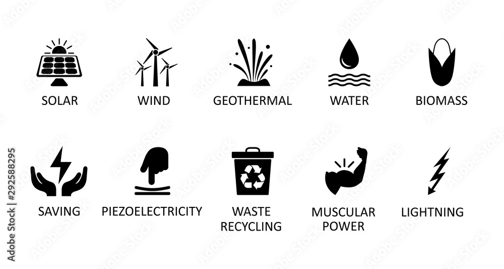 Alternative energy sources icons. Renewable energy sign, nature power ...