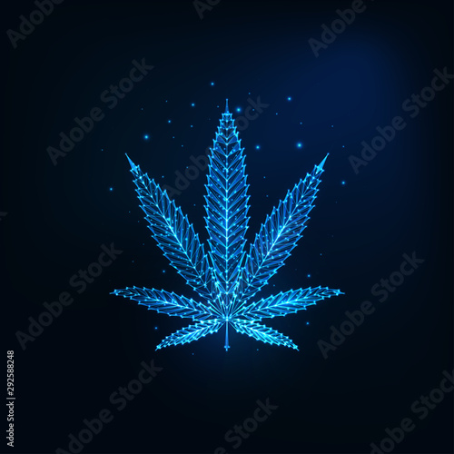 Futuristic glowing low polygonal cannabis leaf isolated on dark blue background.