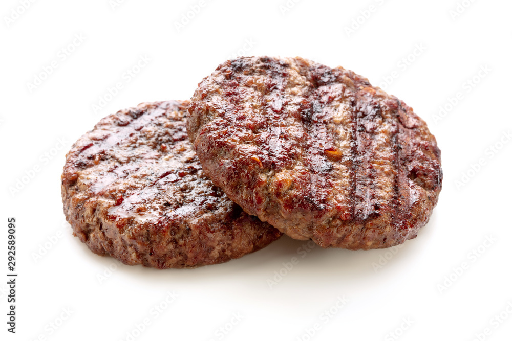 two piece of grilled burger ground meat isolated on white background two piece of grilled burger ground meat isolated on white background