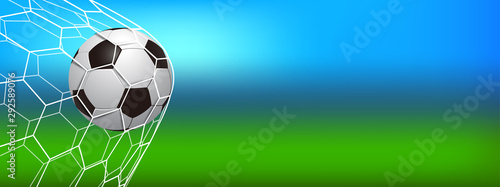 Soccer ball in the net, mesh, football ball in goal, soccer ball on the field background, template banner for posters of football or soccer games, championships, tournaments – stock vector