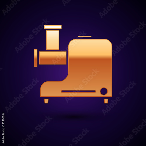 Gold Kitchen meat grinder icon isolated on dark blue background. Vector Illustration