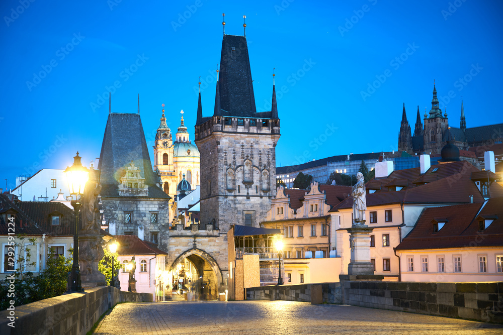 Fototapeta premium Prague - Charles Bridge and Old Town area at sunrise