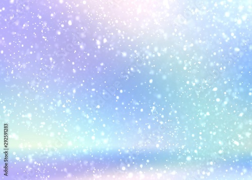 Fantasy winter 3d illustration. Fluffy snow falling on shiny blue lilac blur background.
