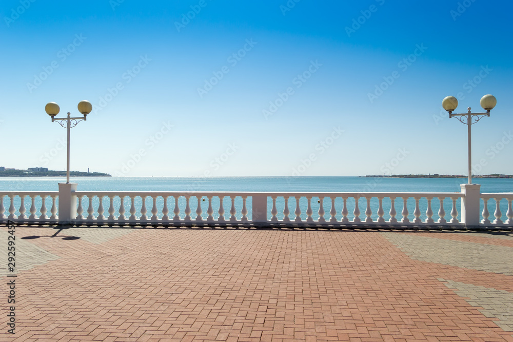 View on seascape from promenade in sunny day. Vacation concept background. Sea bay in Gelendzhik resort city, Russia.