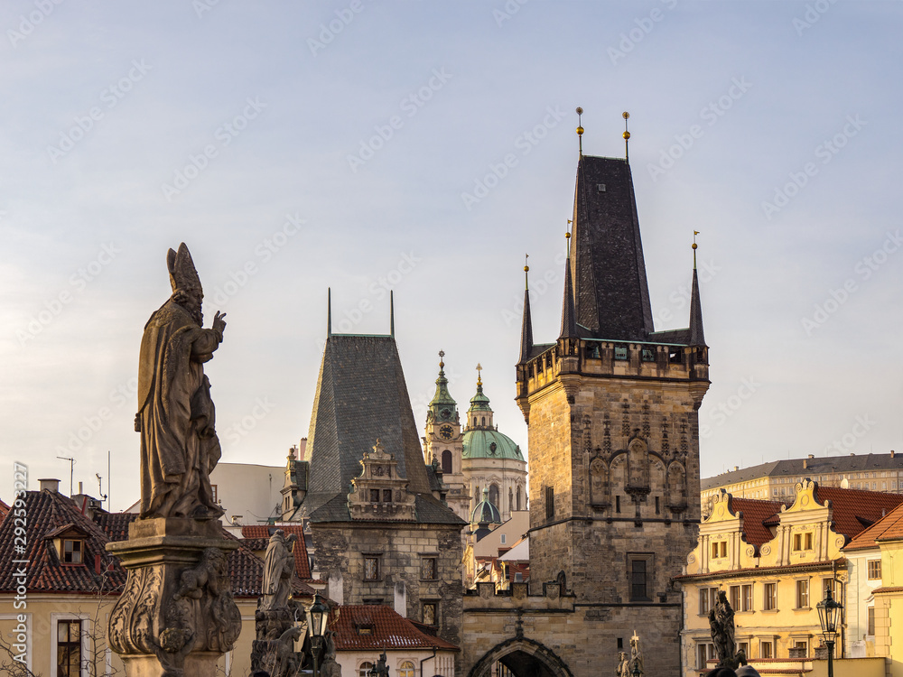 Beautiful Tower of Charles Bridge with Background of Prague Landmarks, Capitol City of the Czech republic