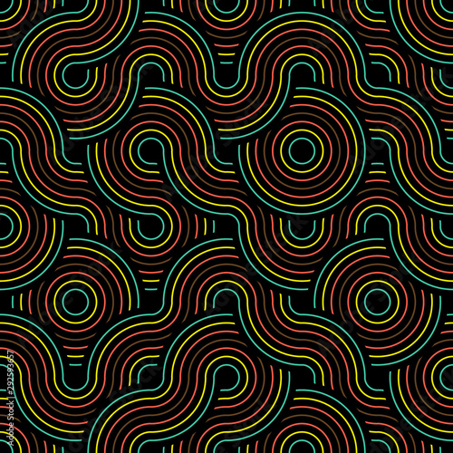 Vector seamless illustration of multicolor circling lines pattern. Psychedelic geometric vector background.