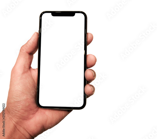 Studio shot of Smartphone iphoneX with blank white screen for Infographic Global Business Plan, model iPhone 11 Pro or iPhone x Max.