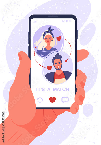 Male hand with smartphone. Online dating app concept on phone screen. Two young people liked each other. Their interest coincided. Now they can chat and go on date in real life, cause IT'S A MATCH.