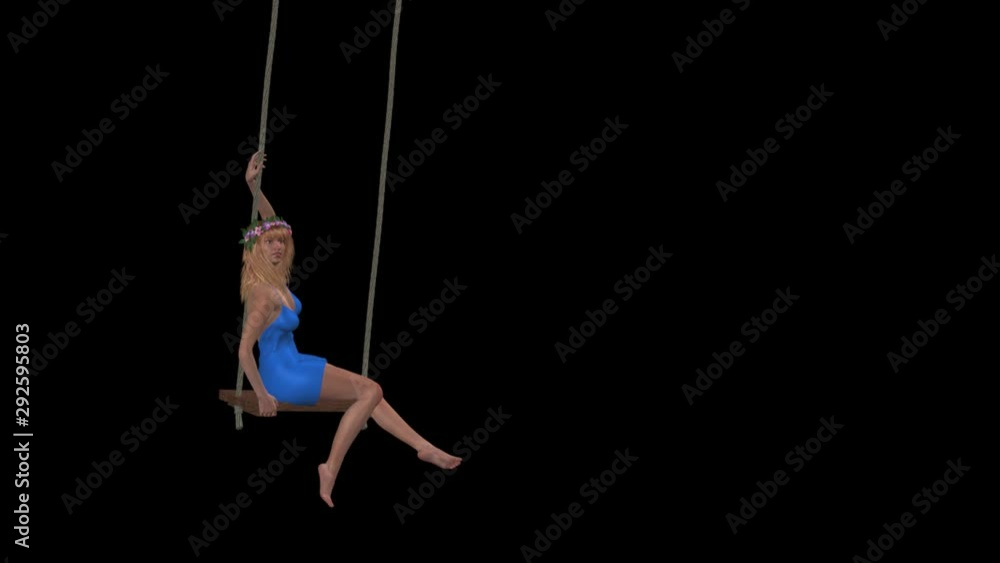 Nice girl in blue dress with blond hair decorated by colorful flower wreath swaying on swings for wedding business and art. Realistic 3D model animation loop isolated with alpha channel transparency. Nice girl in blue dress with blond hair decorated by colorful flower wreath swaying on swings for wedding business and art. Realistic 3D model animation loop isolated with alpha channel transparency.