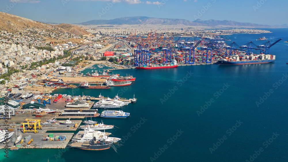 Aerial photo of industrial cargo container terminal in Drapetsona port near Keratsini and commercial port of Piraeus, Attica, Greece