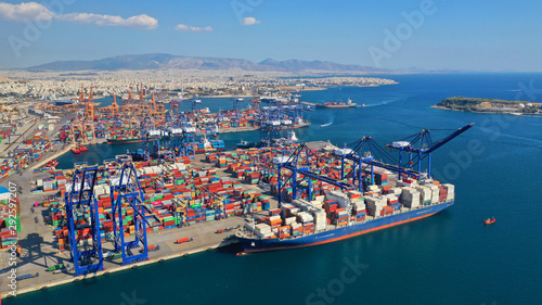 Aerial photo of industrial cargo container terminal in Drapetsona port near Keratsini and commercial port of Piraeus, Attica, Greece