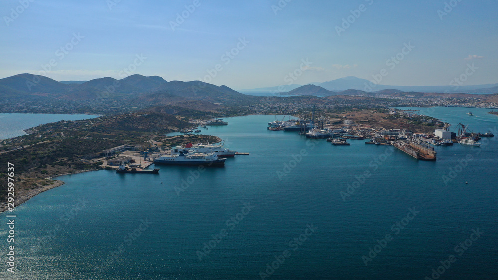 Aerial drone photo of industrial area in island of Salamina near Kinosoura Peninsula, Saronic Gulf, Attica, Greece