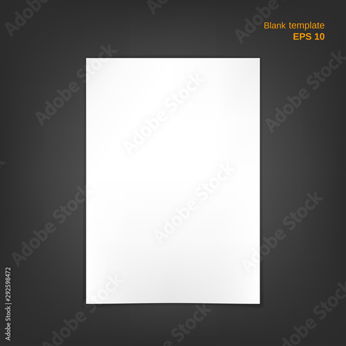 Vector illustration of blank with shadows. Empty white a4 paper sheet on grey background. It can be used as a mockup, templates, backgrounds for your own projects. EPS 10 file.