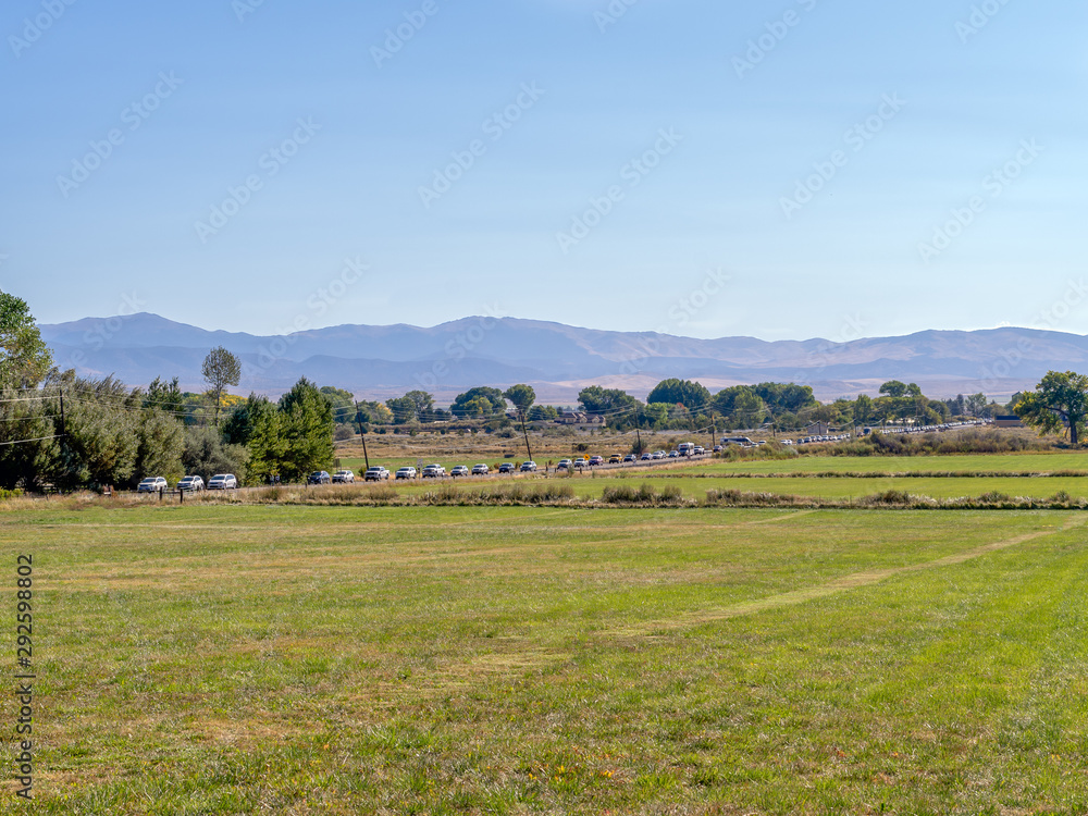 Fototapeta premium line of cars along a road in the countryside landscape