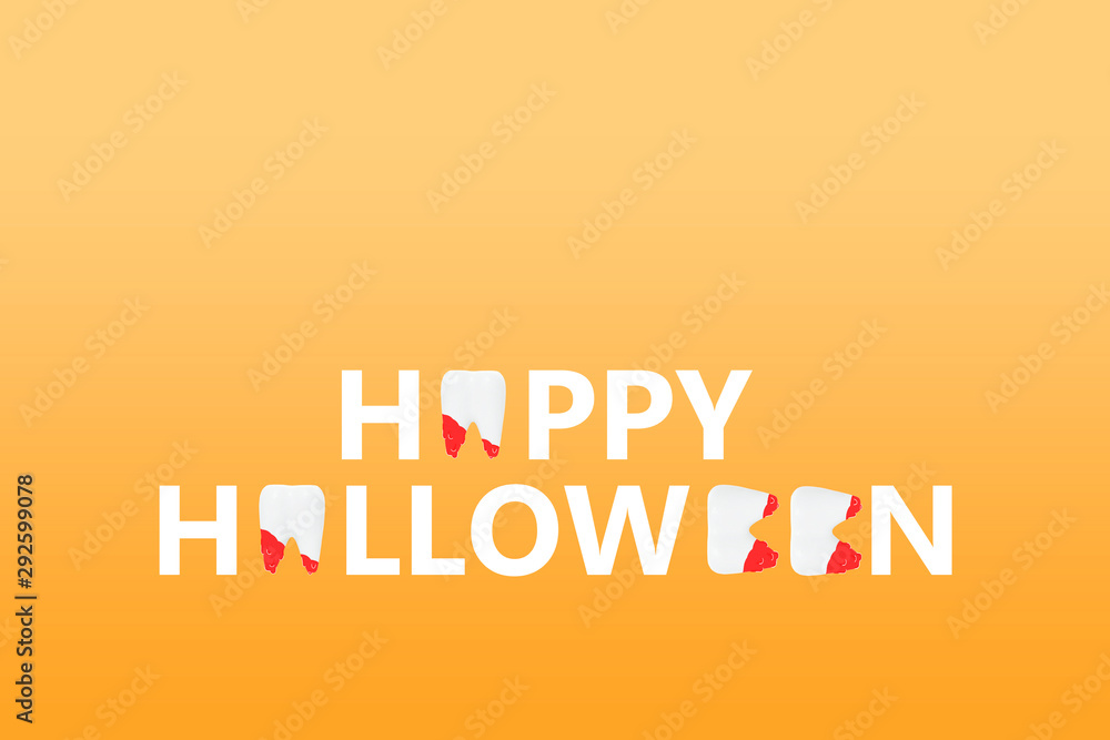 Illustration with happy halloween text with teeth in blood on orange background. Copy space, advertising template on trend, conceptual banner for halloween Illustration with happy halloween text with teeth in blood on orange background. Copy space, advertising template on trend, conceptual banner for halloween
