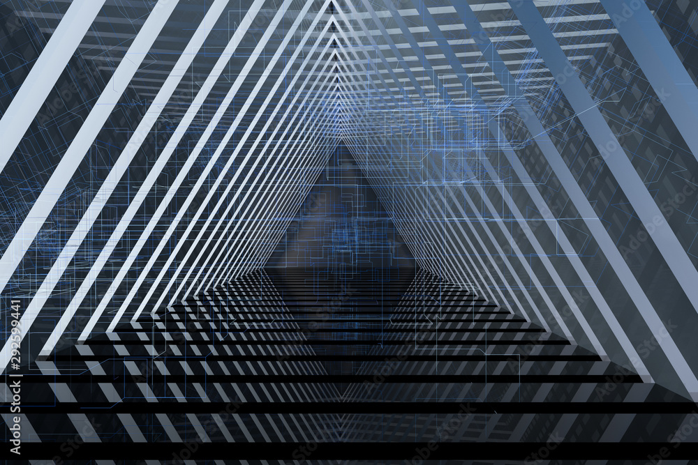 Naklejka premium Dark triangle tunnel with glowing hud lines, 3d rendering