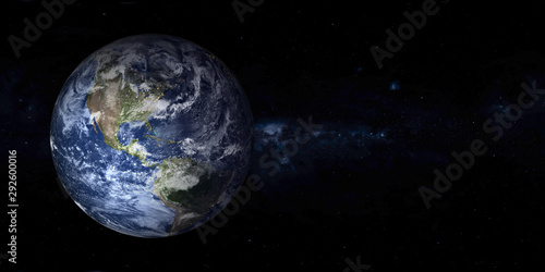 Planeta Ziemia z nocnymi światłami miasta w przestrzeni z daleką galaktyką w tle. Ameryka Północna i Południowa. Zmierzch Błękitna planeta. Fantastyka naukowa. Elementy tego obrazu zostały dostarczone przez NASA
