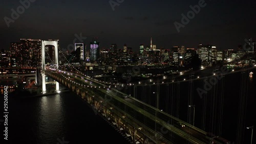 alt flying backward alongside Rainbow Bridge in Tokyo