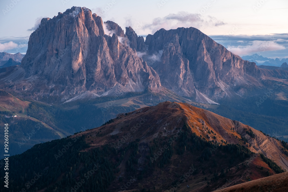 Mountain meadow  in Gardena valley and Seceda peak , background Alpe di Siusi or Seiser Alm in the with Province of Bolzano, South Tyrol in Dolomites