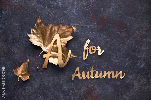 Autumn flat lay with painted golden leaves and text "A for Autumn" on dark