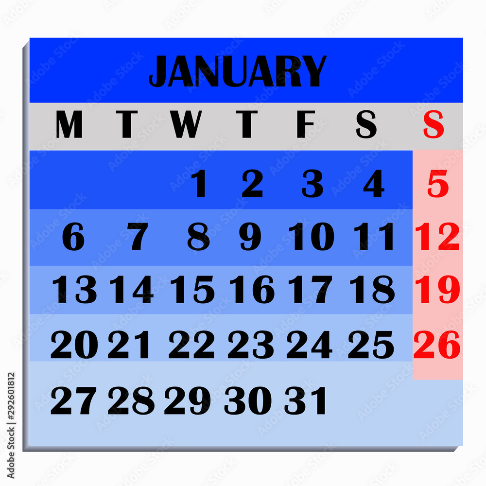 Obraz premium Calendar design month january 2020. Year 2020 calendar. Colorful design for calendar 2020. Calendar for organization and business. Week Starts Monday.