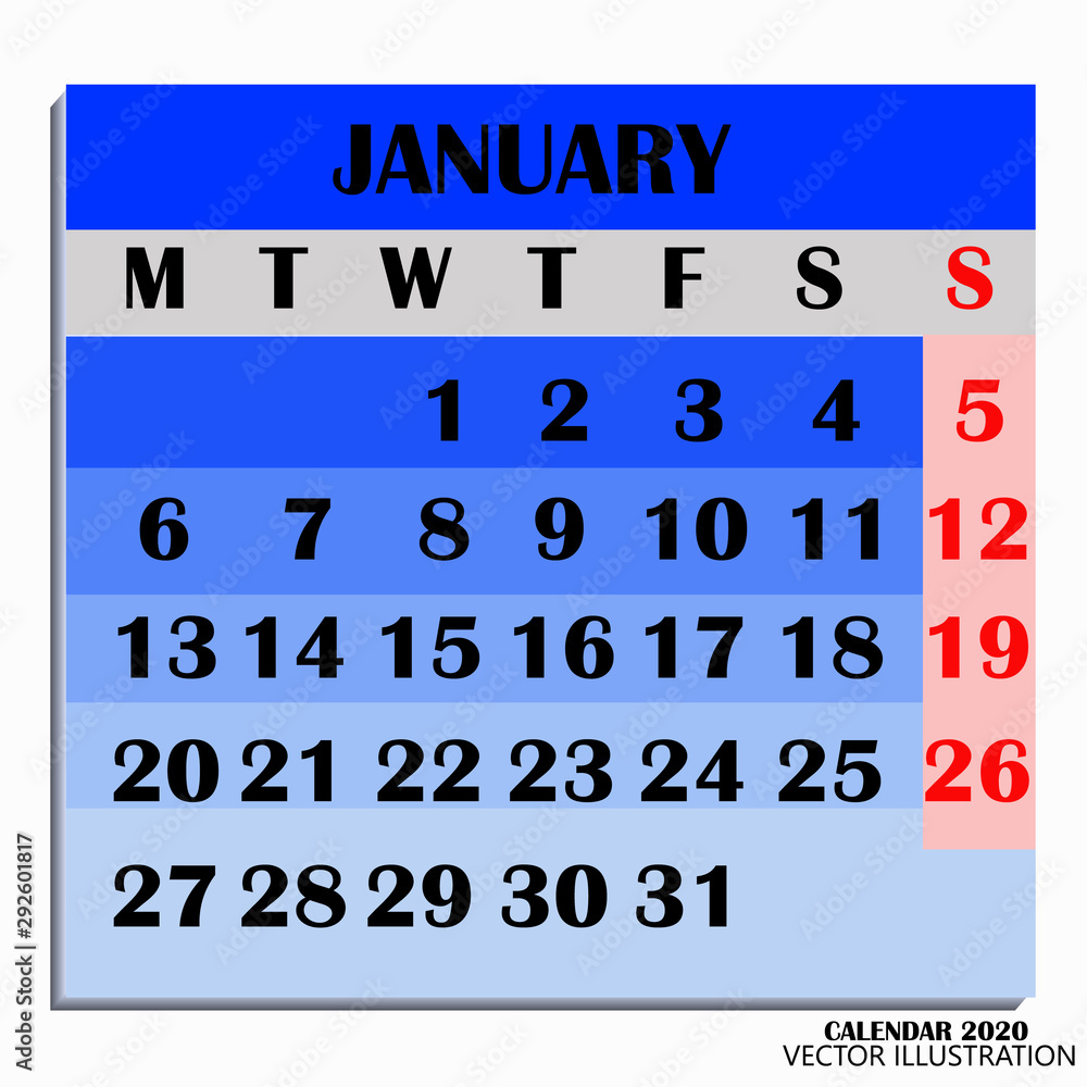 Obraz premium Calendar design month january 2020. Year 2020 calendar. Colorful design for calendar 2020. Calendar for organization and business. Week Starts Monday. Vector illustration.